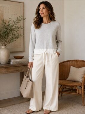 Club Monaco Light Grey Mixed Media Drawstring Top XS